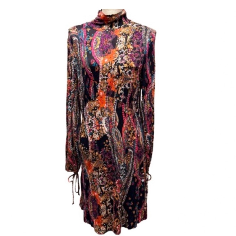 Free People - All Dolled Up Mini Dress Paisley Mock Neck Cutout Back-Size Large - Picture 6 of 6